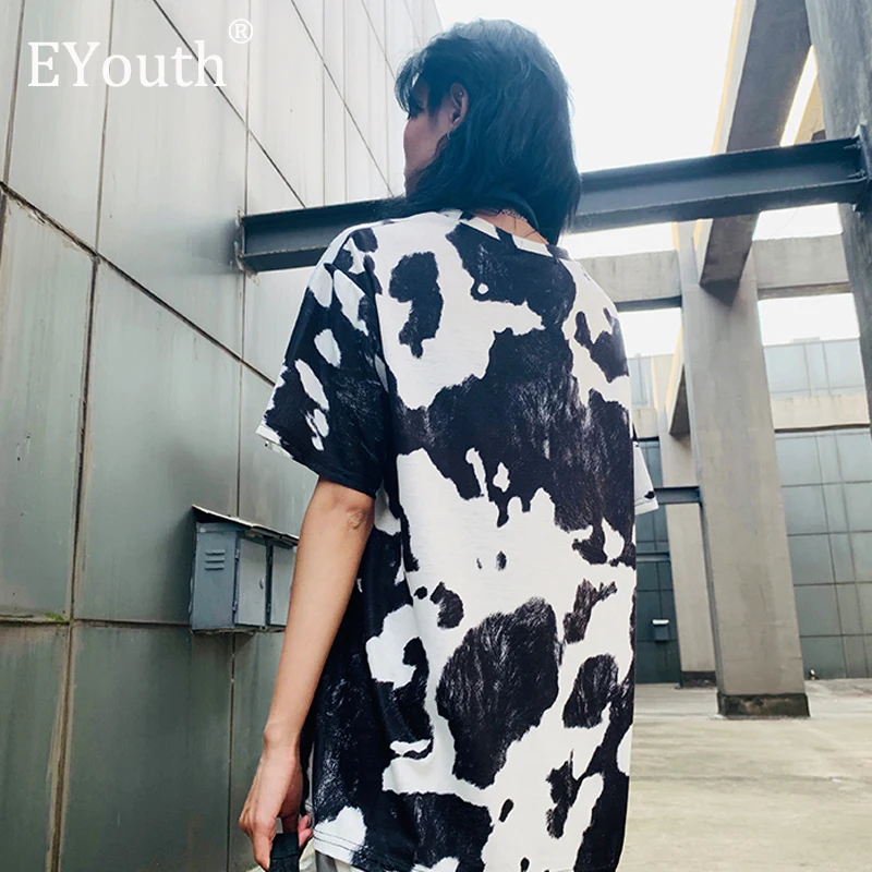 Женская футболка с принтом коровы контрастная свободная коротким рукавом топы