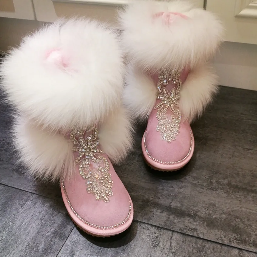 

Autumn and winter handmade women's shoes diamond-studded black pink thickened oversized fox fur snow boots children's tube