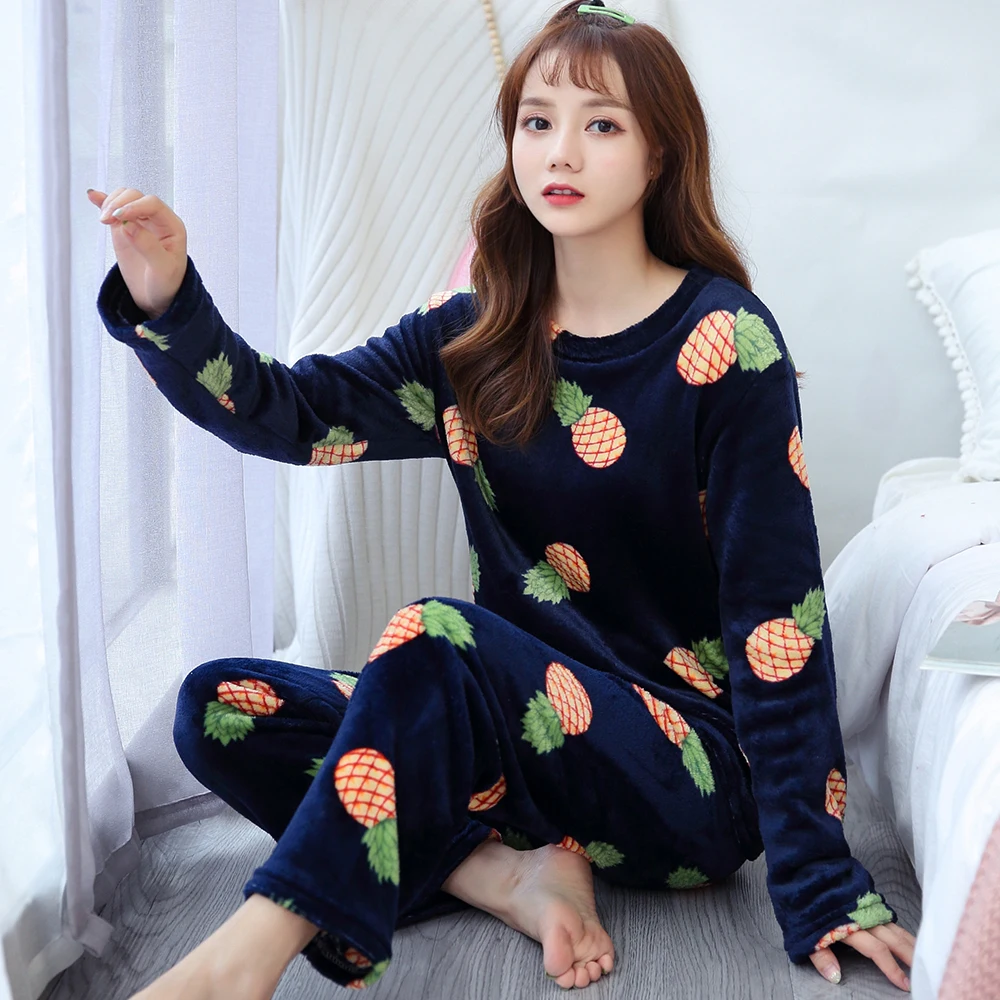 pajamas Зимние теплые пижамы для женщин с длинным рукавом, толстые коралловые бархатные пижамные комплекты, цветочные фланелевые бархатные пижамы Feminino Pijama Mujer - Цвет: pajamas