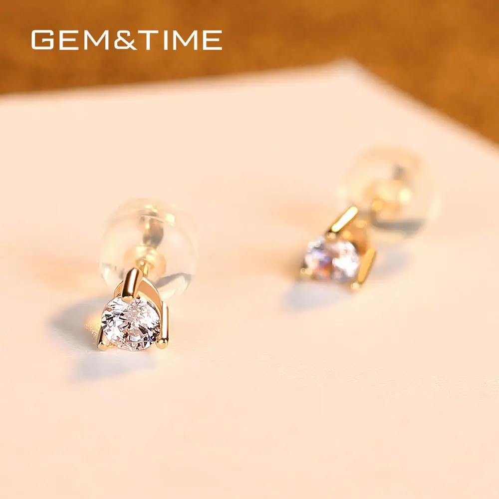 Gem&Time Exquisite Real 14K Gold 3 Prong Green Gemstone Stud Earrings for Women Yellow Gold Earrings Fine Jewelry Gift E14137