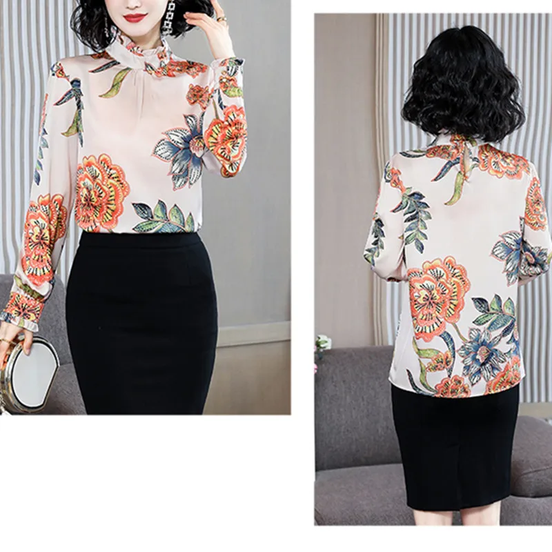 

Silk Blouse Women 2021 Autumn Satin Floral Blouses Shirts Women Long Sleeve Top Ladies Tops Fashion Woman Silk Print Shirt Top