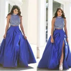 Женская длинная Плиссированная юбка с разрезом сбоку, ярко-Синяя атласная юбка для выпускного вечера, на заказ, лето 2021