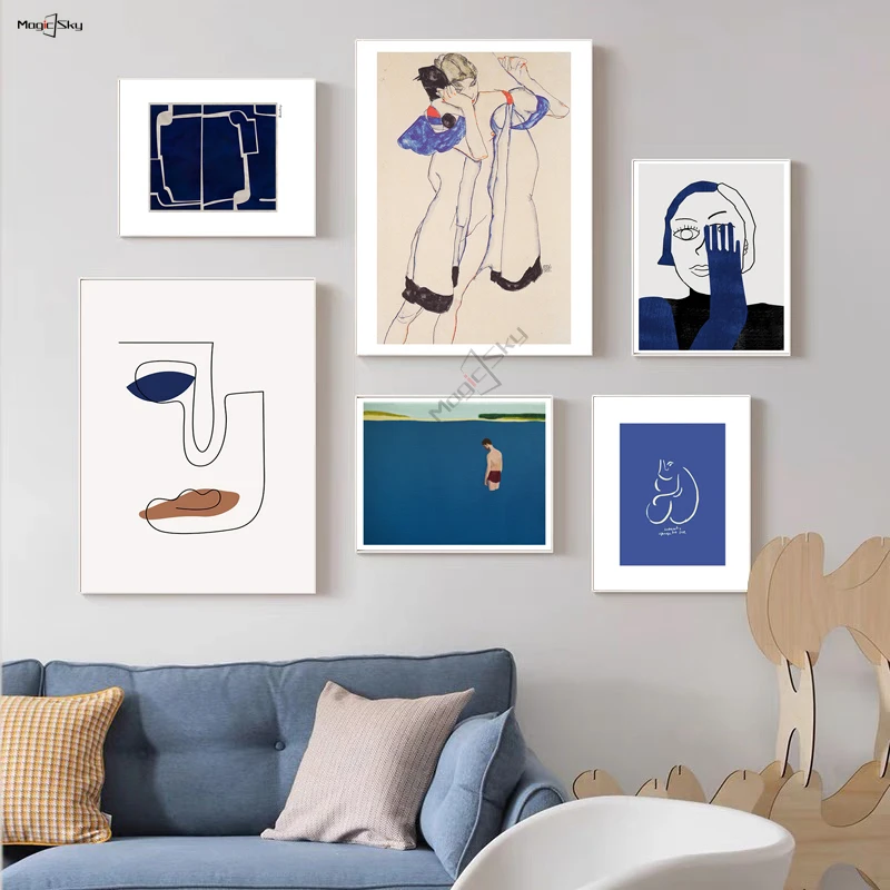 

Abstract Blue Line Face Girl Nude Sketch Poster Minimalist Canvas Painting Wall Art Decorative Print Living Room Home Decoration