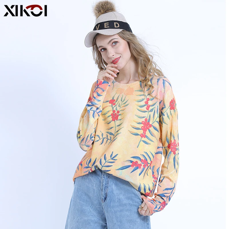 Женский вязаный пуловер оверсайз свободные зимние свитера с цветочным принтом