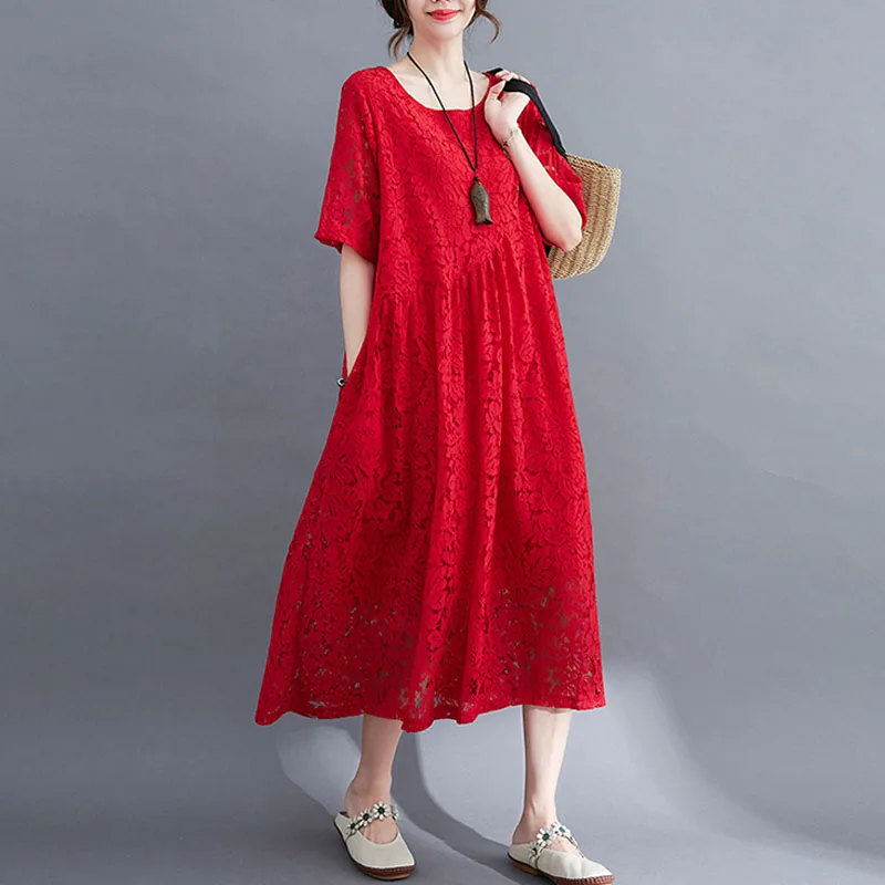 Цельнокроеное женское кружевное платье винтажное летнее свободное миди