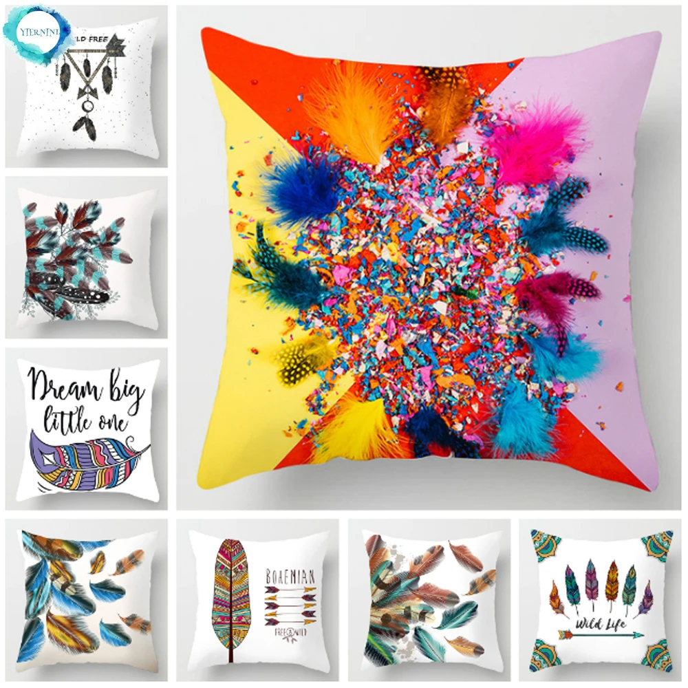 

Retro Exotic Feather Print Decorative Polyester Cushion Cover Throw Pillow Cover Sofa Decoration Pillowcover 45X45CM
