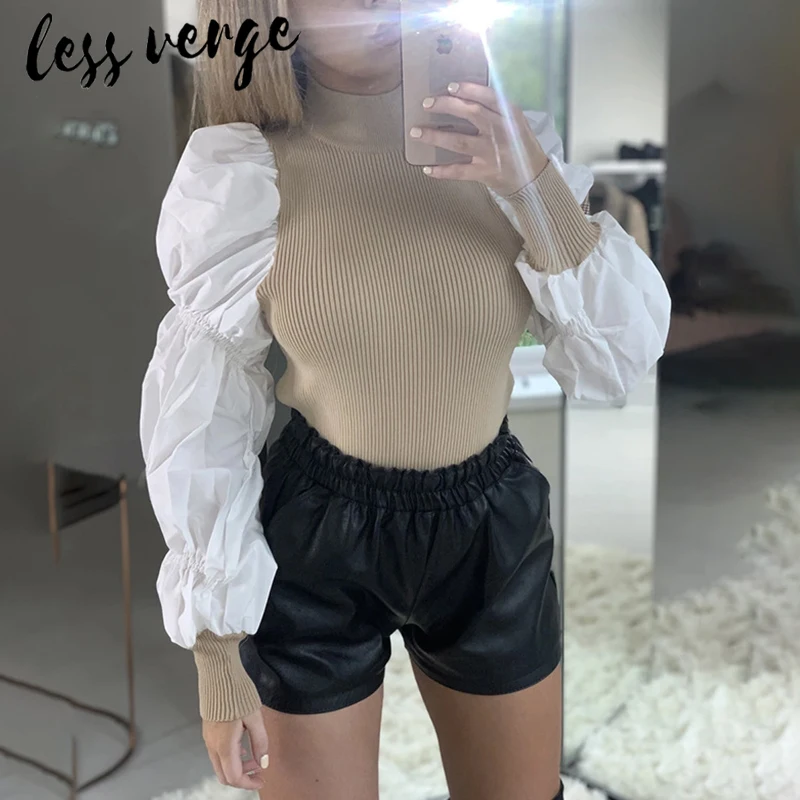 Lessverge с пышными рукавами винтажная трикотажная блузка Топ для женщин осень зима
