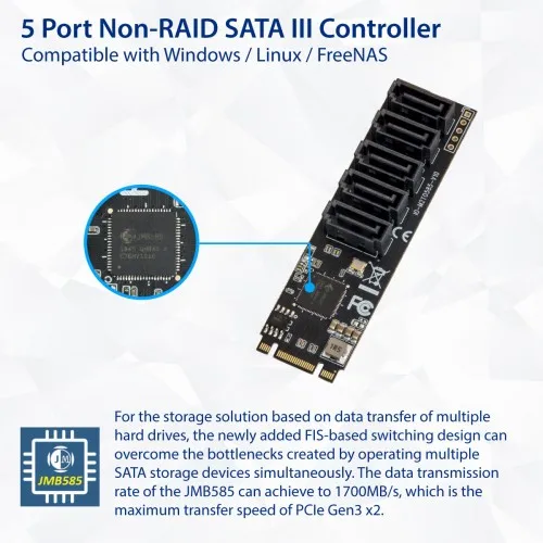 Адаптер IOCREST M.2(PCIe 3,0) на 5 портов SATA III 6G ssd с кабелем sataIII