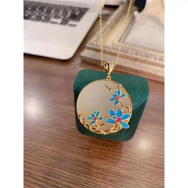 

New Retro Style S925 Silver Gilding Inlaid Natural Hetian Jade round Plate Pendant Enamel Carved Design