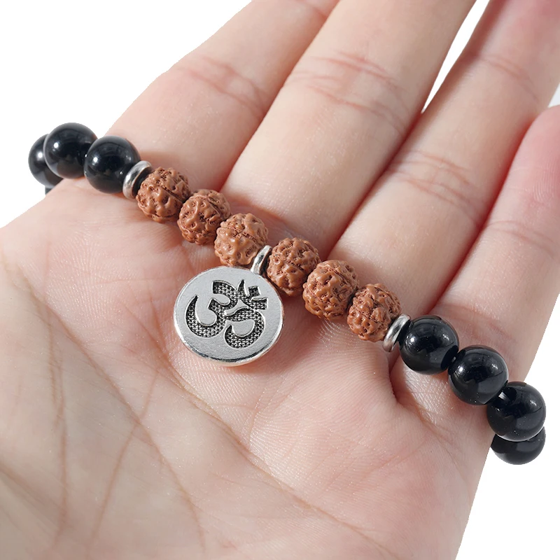 Браслет Rudraksha и черный оникс для мужчин женщин эластичная веревка модный