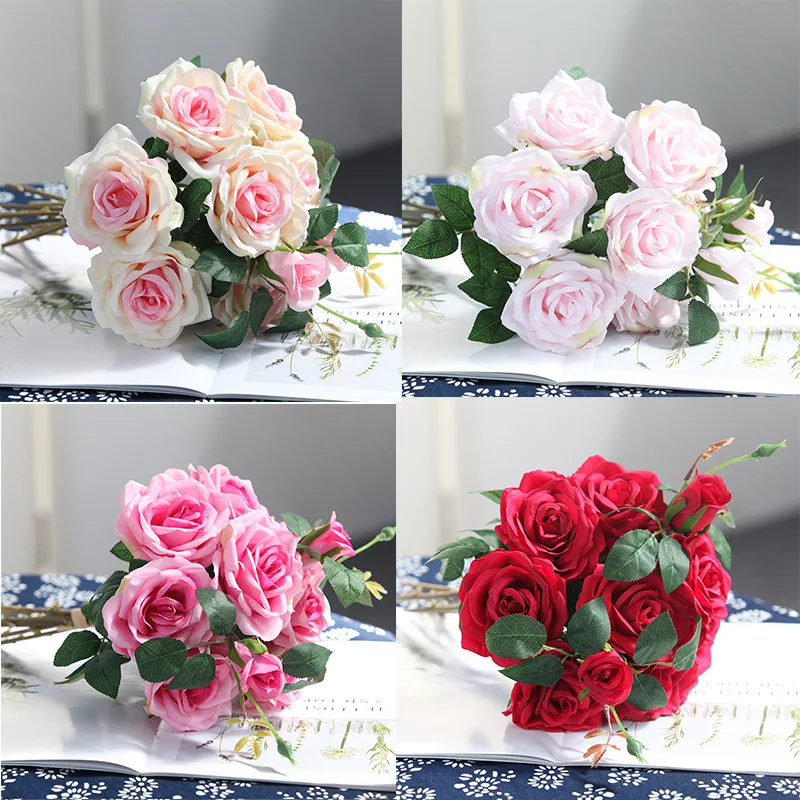 

10 Artificial Rose Bouquets, Multi-head Rose Curling Wedding Bouquets Silk Flowers Wedding Fake Flowers