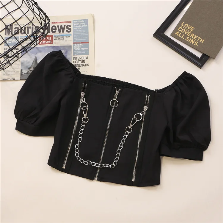 

HELIAR Women Y2K Gothic T-shirt Women's Short Puff Sleeve Crop Top Summer Vintage Girls Metal Chains Dark Tees women sexy tops