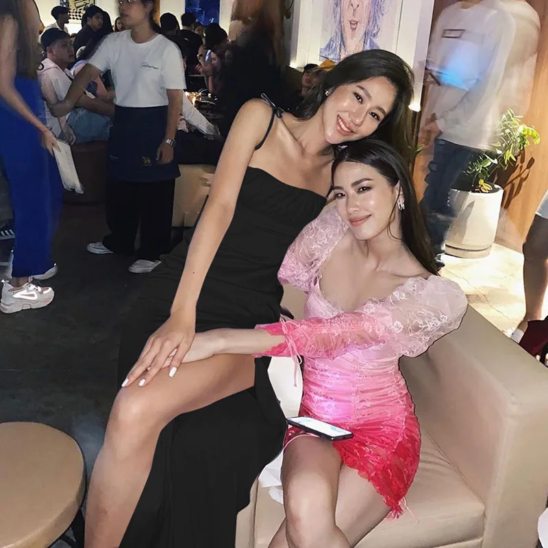 

Женское вечернее платье миди без рукавов, вечерние ное привлекательное длинное платье на бретельках с высоким разрезом сбоку и открытой сп...