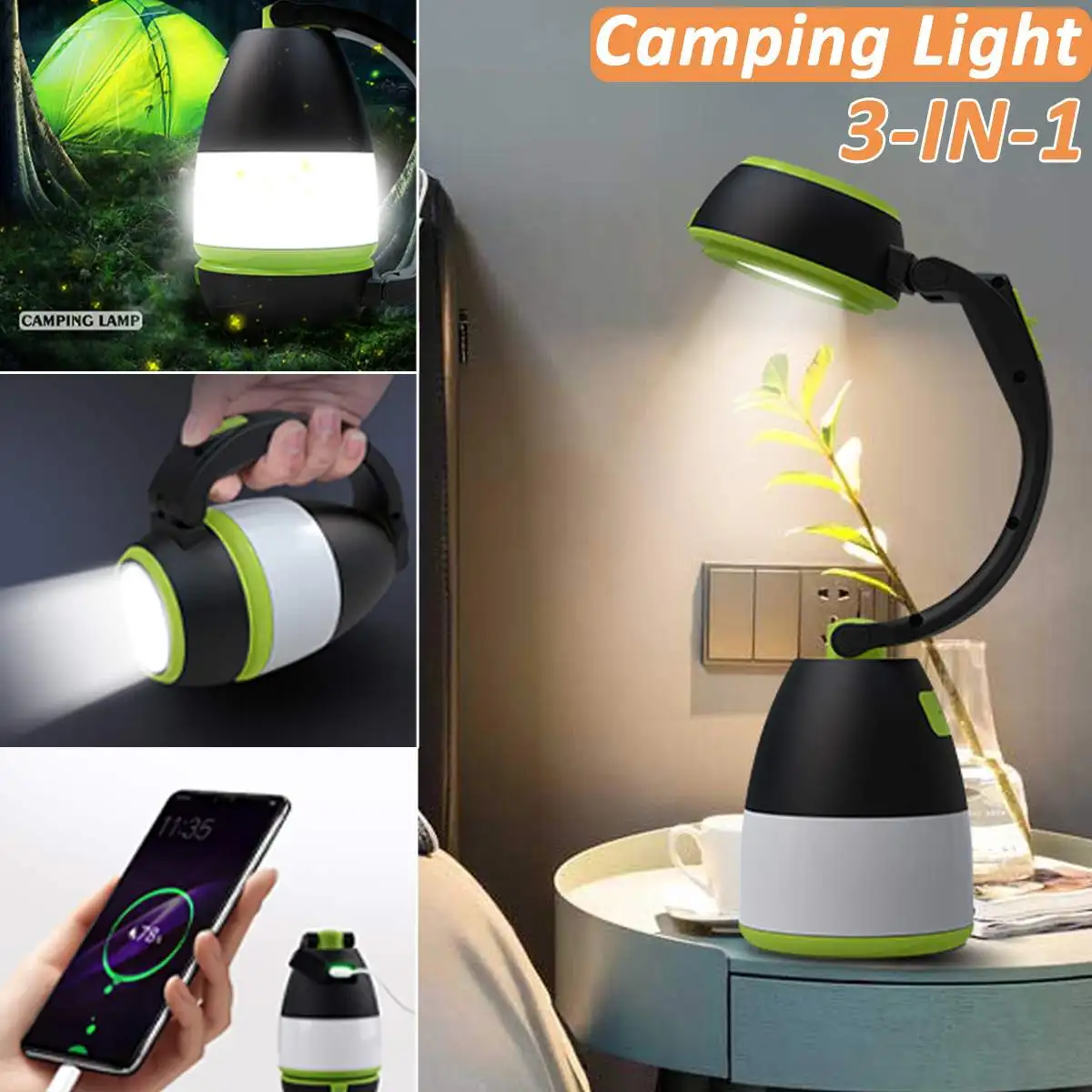 

3in1 Camping Light Portable USB Charging Handheld Flashlight LED Power Bank Table Night Lamp 3-level Lighting Outdoor Tent Light