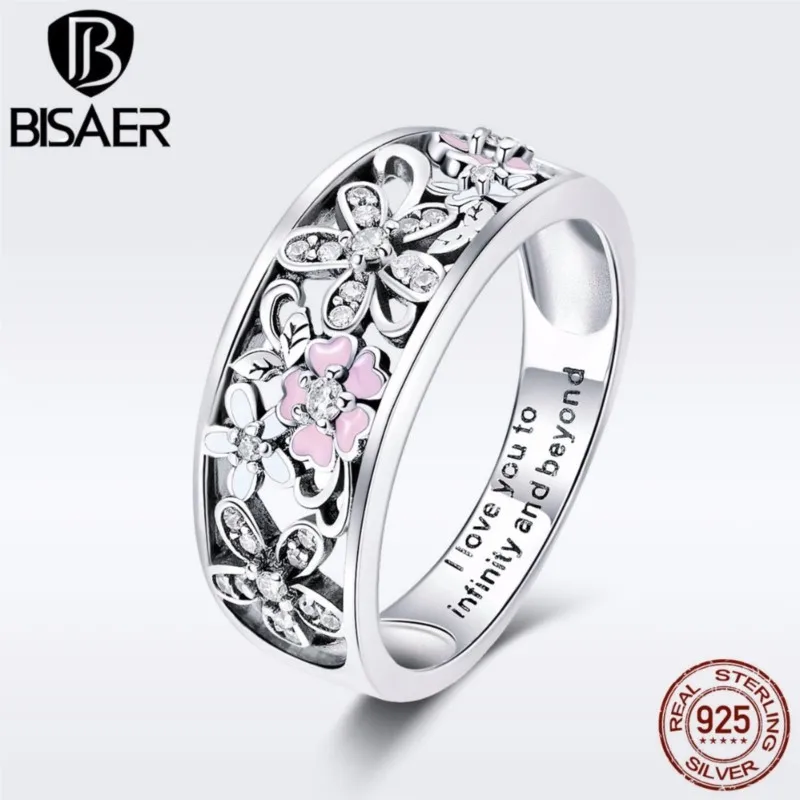 

BISAER 925 Sterling Silver I Love You Finger Rings For Women Daisy Flower Cocktail Wedding Ring Authentic Silver Jewelry ECR390