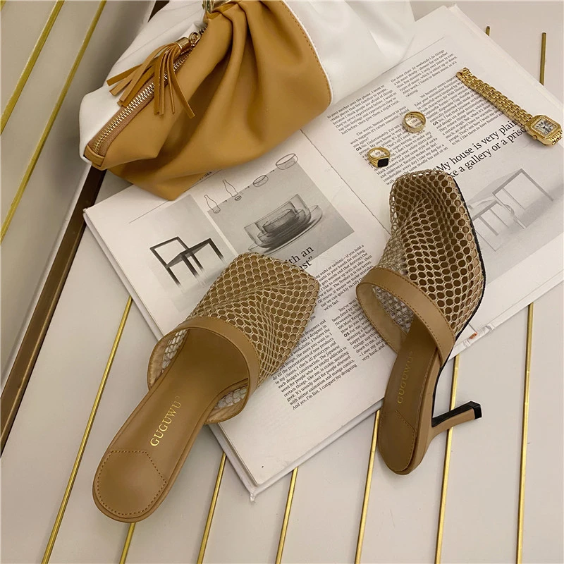 Летние женские туфли без задника Дизайнерские на высоком каблуке с вырезами