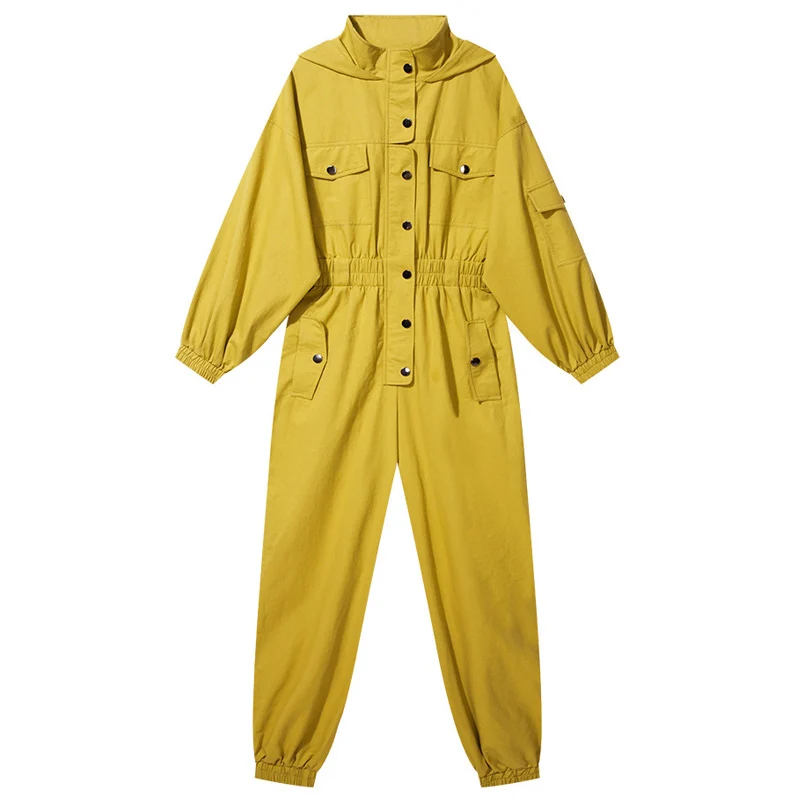 Комбинезон хлопковый с капюшоном и длинным рукавом на пуговицах | Женская одежда