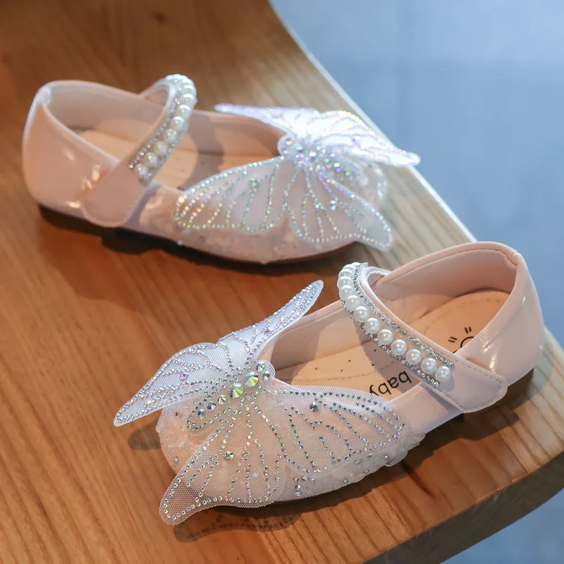 

Teenage Butterfly Shoes New Fashion Spring Autumn Girls Bling Princess Shoes String Bead Dance Shoes Children Anti-slip Flats