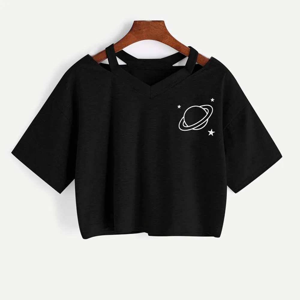 Летняя женская футболка повседневный топ с коротким рукавом и принтом планеты