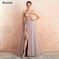 fairy pink beading prom dresses v neck high split a line evening dresses spagetti straps illusion tulle long formal gowns