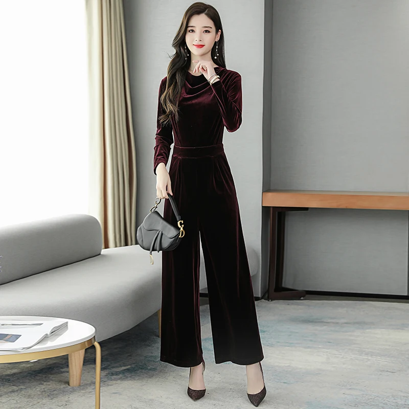 Long Jumpsuits 2021 New Women Sleeve Pile Collar Office Lady Solid Velvet Rompers |