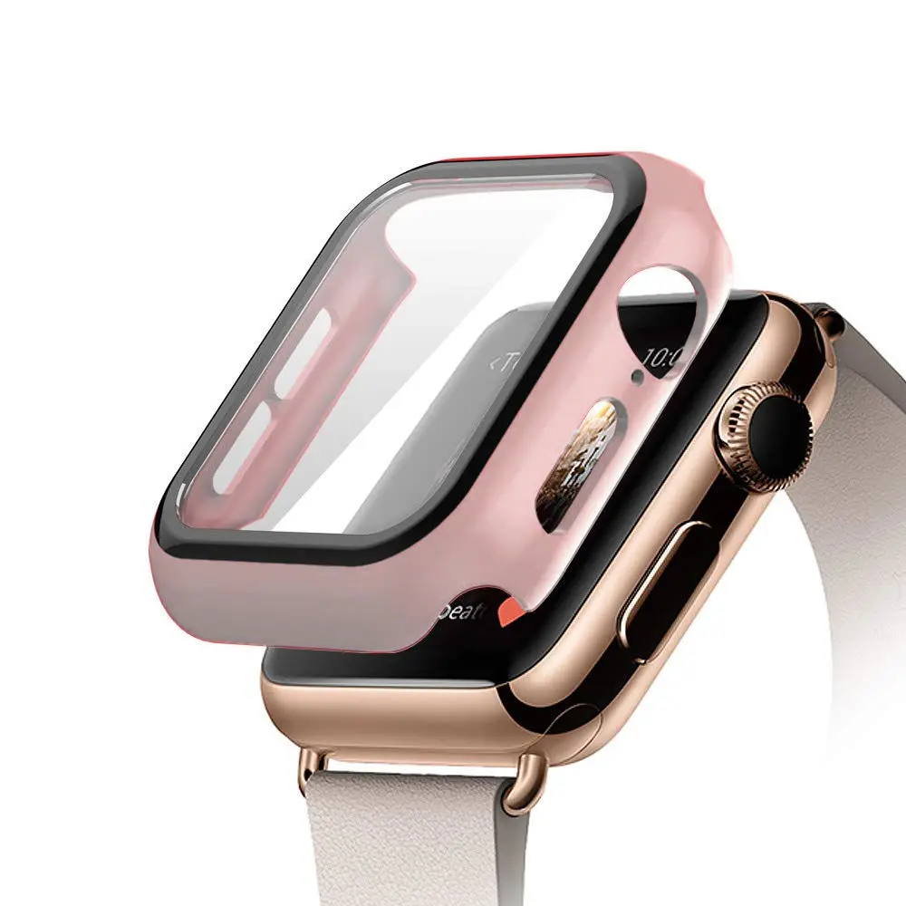 Pink Защитный чехол для apple watch 44 мм 40 мм iWatch 5 4 3 2 1 42 мм 38 мм закаленное стекло+ чехол бампер аксессуары для apple watch - Цвет: Pink