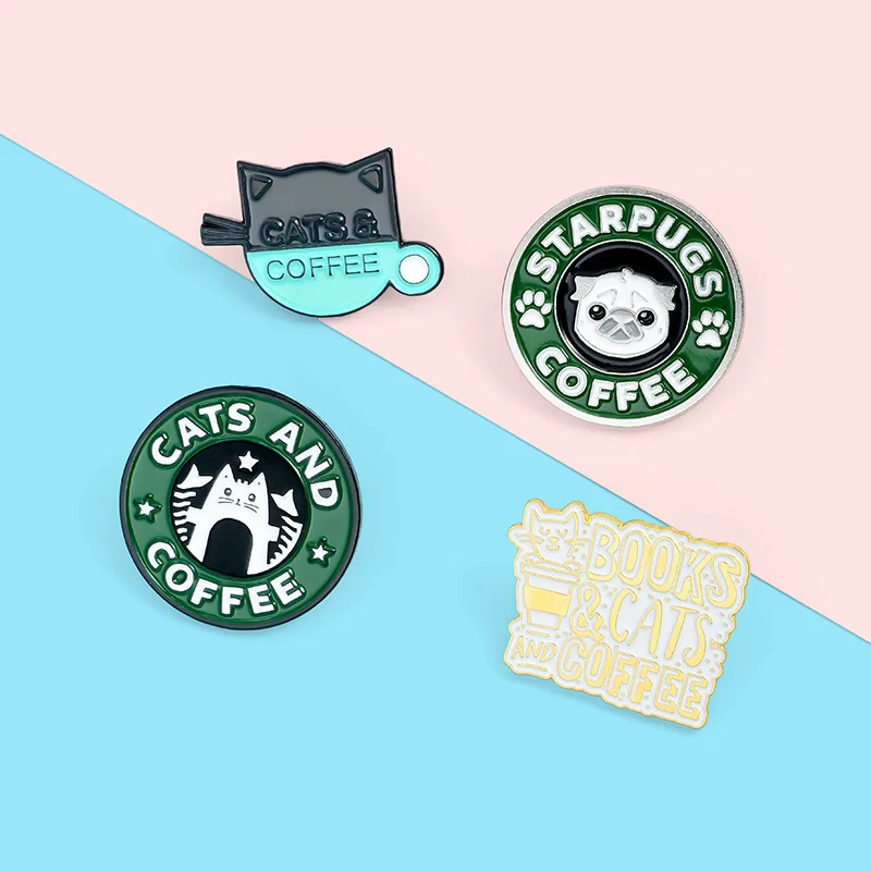 

Creative Kitten Coffee Brooch Cute Cartoon Pug Shirt Pins Badges Broches for Men Women Badge Pins Brooches Jewelry Accessories