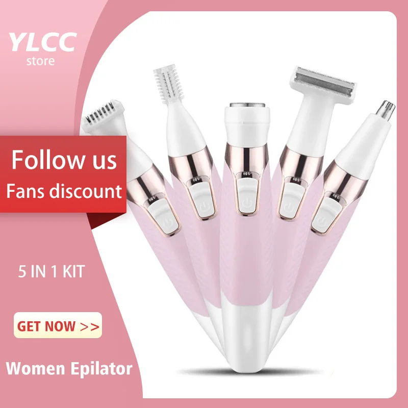 

5 IN 1 Waterproof Multi-Part Trim Smooth and Painless Lady Electric Shaver Epilator Fine Eyebrows Washing Instrument with box