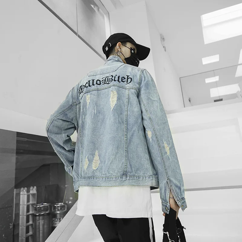 

Harajuku Casual Vintage Men's Jean Coat Hollow Blue Denim Jacket boyfriend Sweatshirt Washed Destroy Streetwear Hip Hop Cowboy
