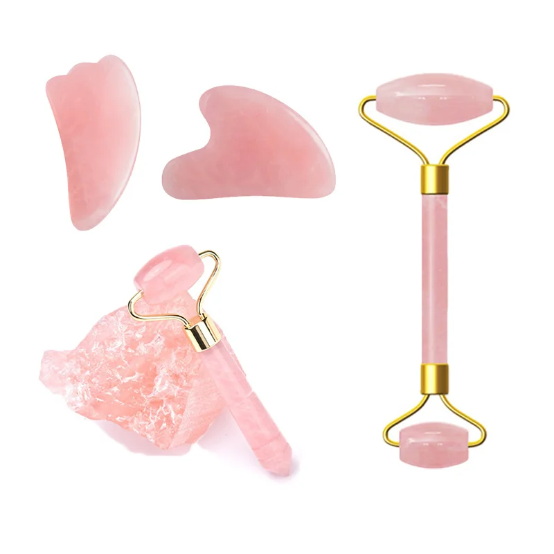 Нефритовый бриллиантовый массажный ролик для лица розовый кварц скребок
