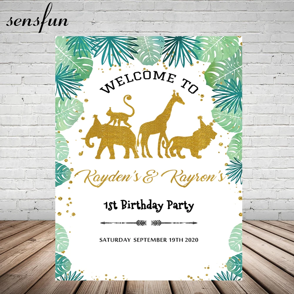 

Sensfun Custom Safari Jungle Backdrop Green Leaves Gold Lion Elephant Giraffe Backdrop Boys 1st Birthday Party Backgrounds