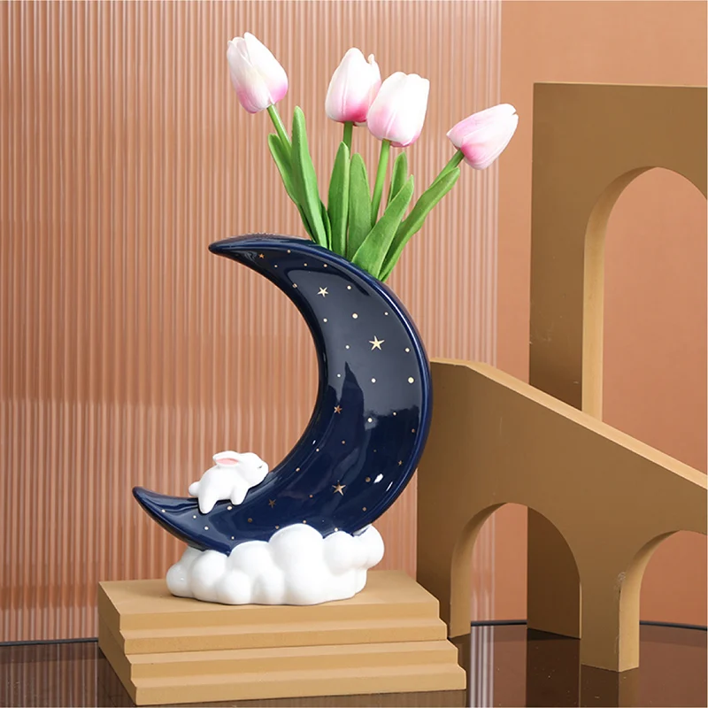 

Cute Rabbit Moon Vase Flowers Plants Ceramic Vase Flower Arrangement Container Living Room Entrance Decoration Crafts Decoration