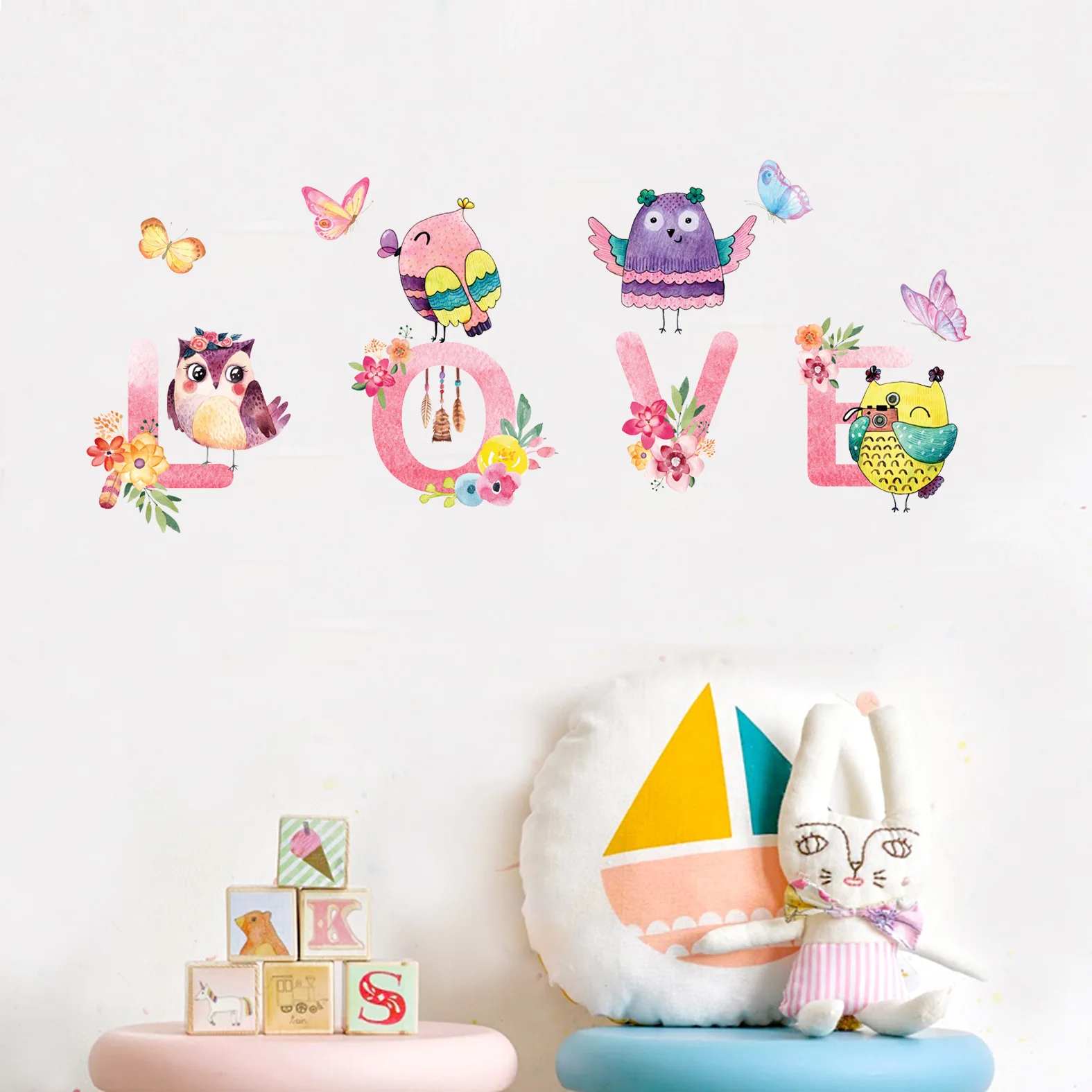 Наклейки на стену с совами цветными бабочками цветами домашнее украшение для