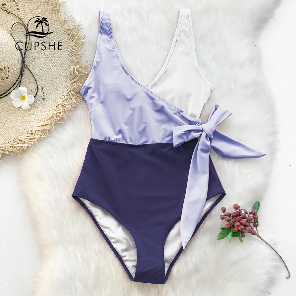 CUPSHE фиолетовый белый с цветными блоками v-образный вырез Цельный купальник