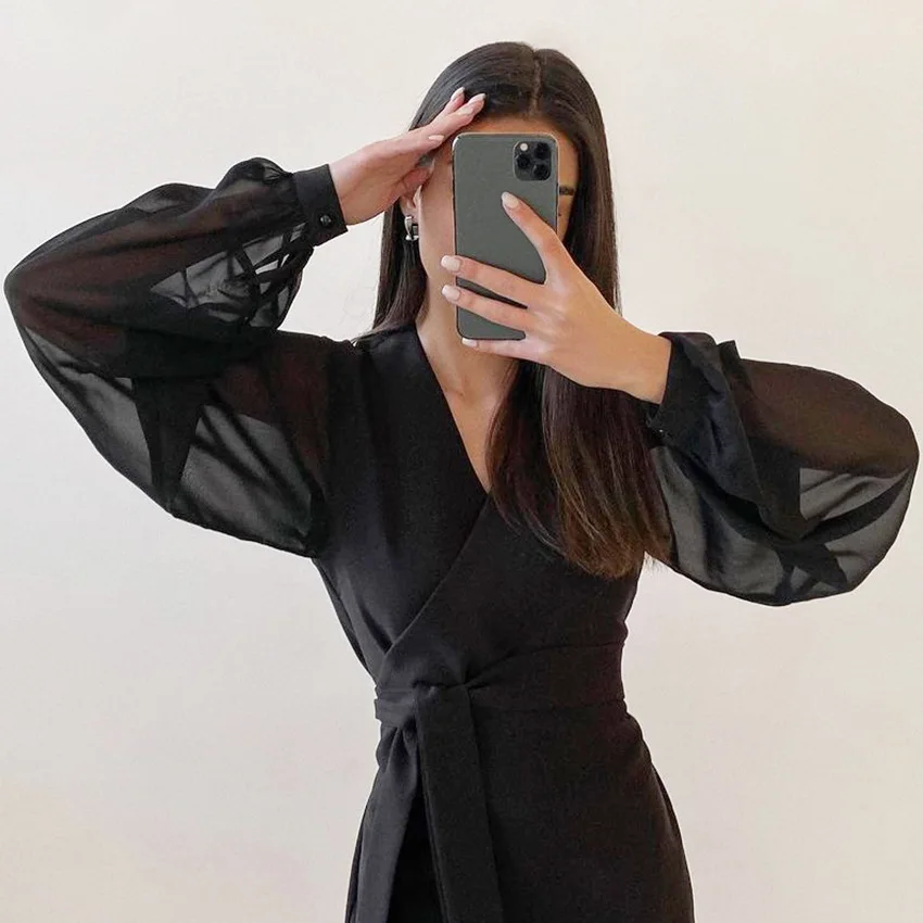 

Summer Patchwork Mesh Chiffon Long Lantern Sleeve Elegant Female Bandage Dresses Vestidos Sexy Women Black V-neck Pencil Dress