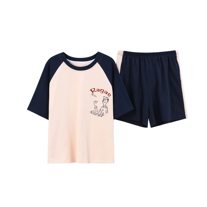 

Leisure Cotton Short Sleeve Plus Size Homewear Cartoon Cute Sleepwear Summer Fashion College Style Patchwork Women Pajamas Set