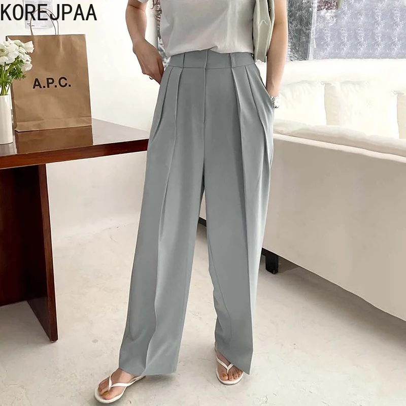 

Korejpaa Women Pants 2021 Summer Korea Chic Temperament High Waist Pleated Design Loose Casual Drape Straight Wide-Leg Suit Pant