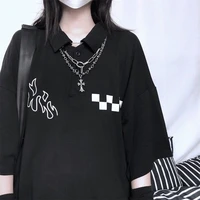 qweek harajuku plaid print black t shirt women streetwear japanese style korean fashion summer tees tops 2021 kpop alt clothes