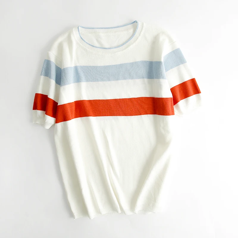 

short sleeves knitted T-shirt round neck striped pullover women thin stylish fashion casual top short summer female tshirts