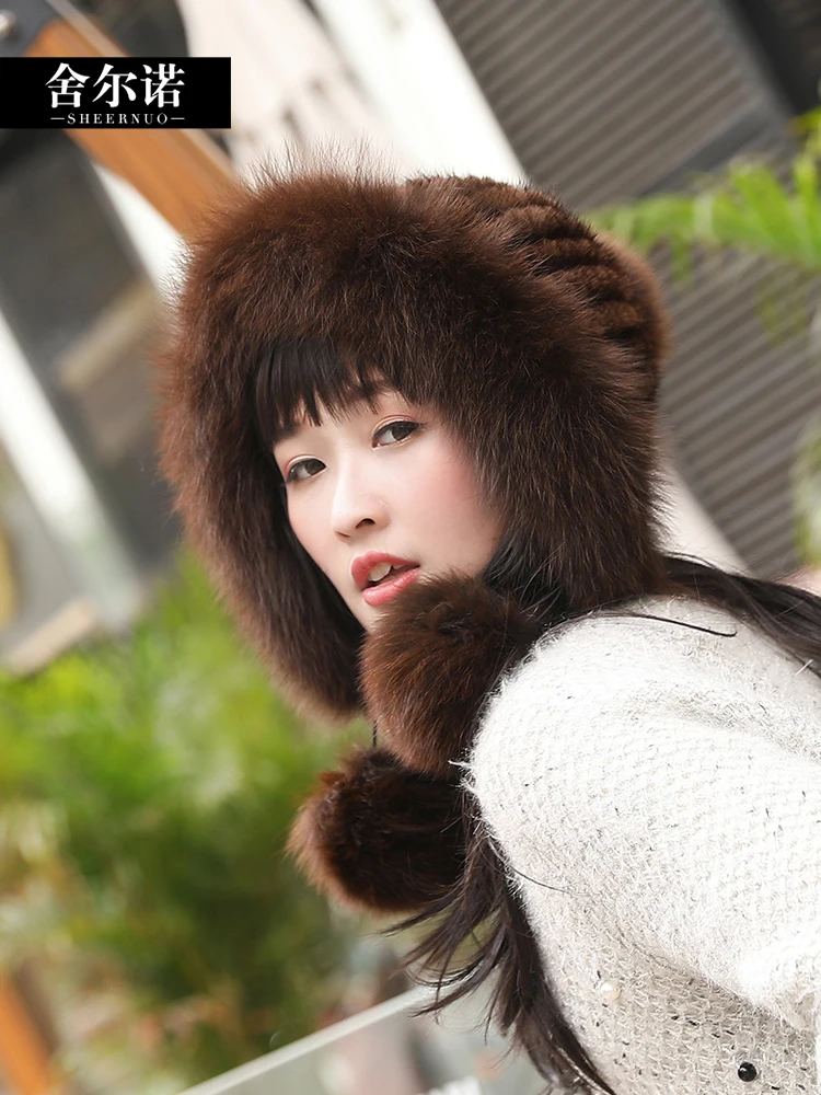 Норковая меховая шапка женская зимняя Милая норковая стеганая теплая с ушками