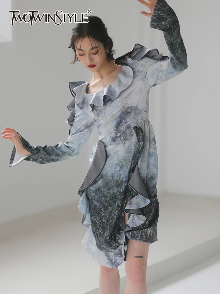 

TWOTWINSTYLE Tie Dye Colorblock Dress For Women Round Neck Long Sleeve High Waist Ruffle Trim Mini Dresses Female Korean Fashion