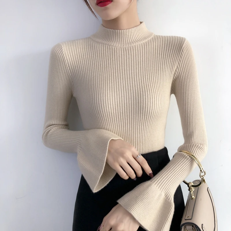 2020 Autumn Winter New Slim Trumpet Sleeve Solid Color Quality Pullover Sweater Womens Half Turtleneck Knitted Women | Женская одежда
