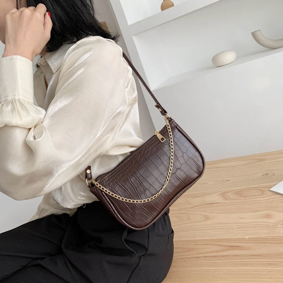 

Mini Underarm PU Leather Shoulder Bag Crocodile Pattern Chain Solid Vintage Crossbody Bags For Women Handbags Purse Baguette