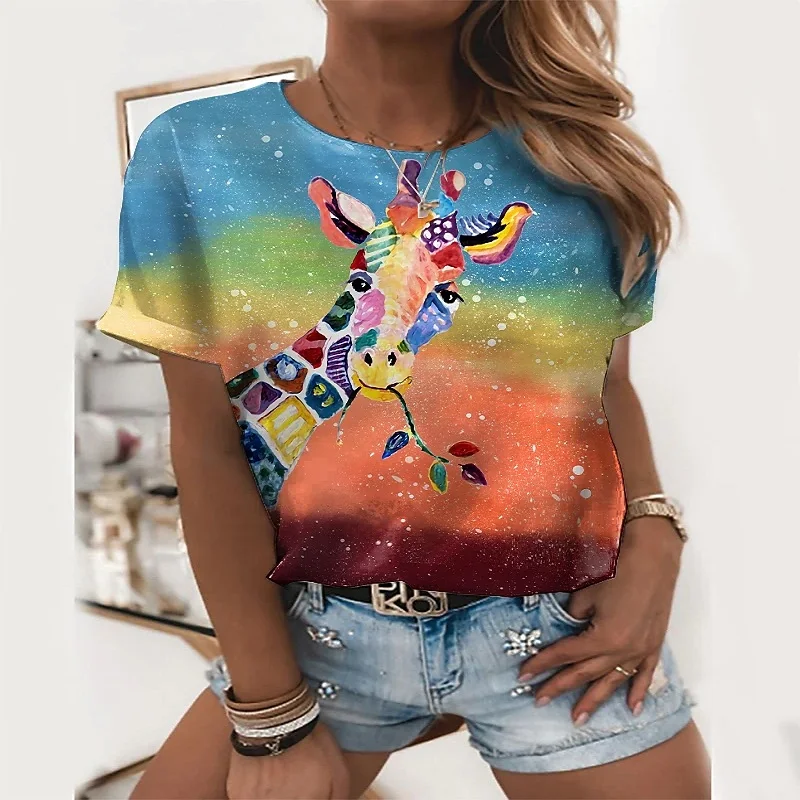 

3D Printing Cartoon Giraffe Women's Clothing T-Shirt Women's New Casual Tops Women's Summer Regular Daily Short Sleeves