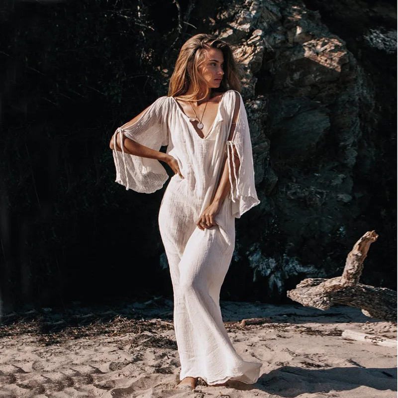 

Summer New Ladies Dress European and American Style Bohemian Solid Color V-neck Sexy Vacation Long Skirt Woman Clothing WE173