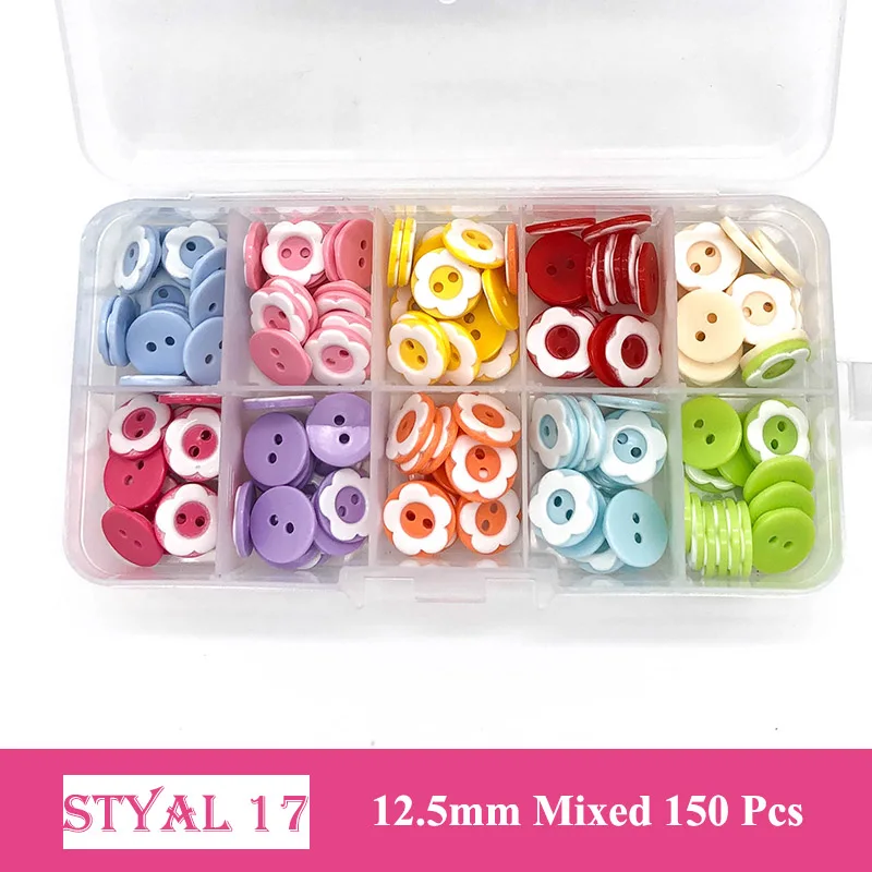 150 Pcs 10-15 mm Resin/Wooden Buttons 2 Holes 15mm Mixed Wood Buttons Sewing Accessories for Clothing Decoration DIY Boxed - Цвет: 17