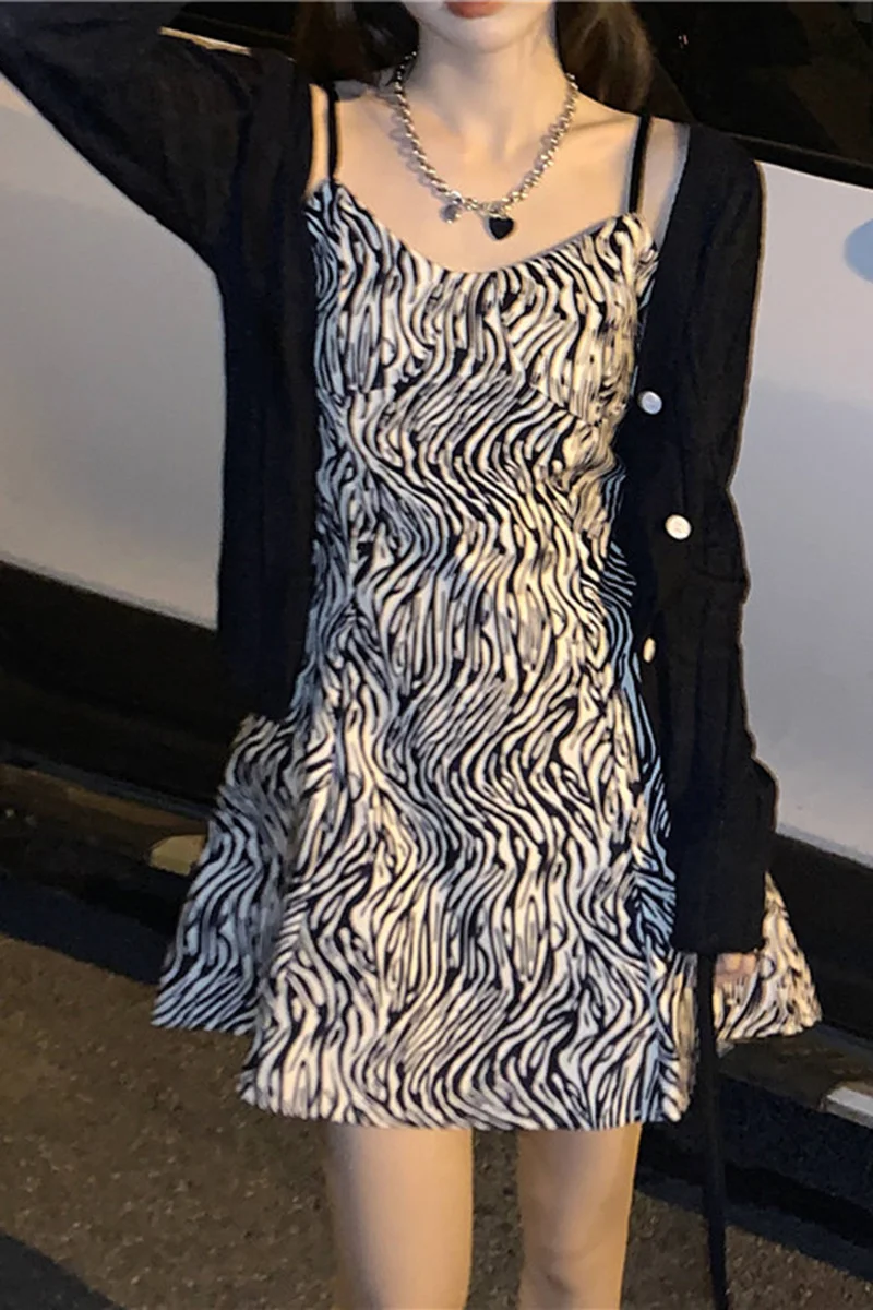 spring 2021 new Korean zebra suspender skirt middle versatile slim dress women |