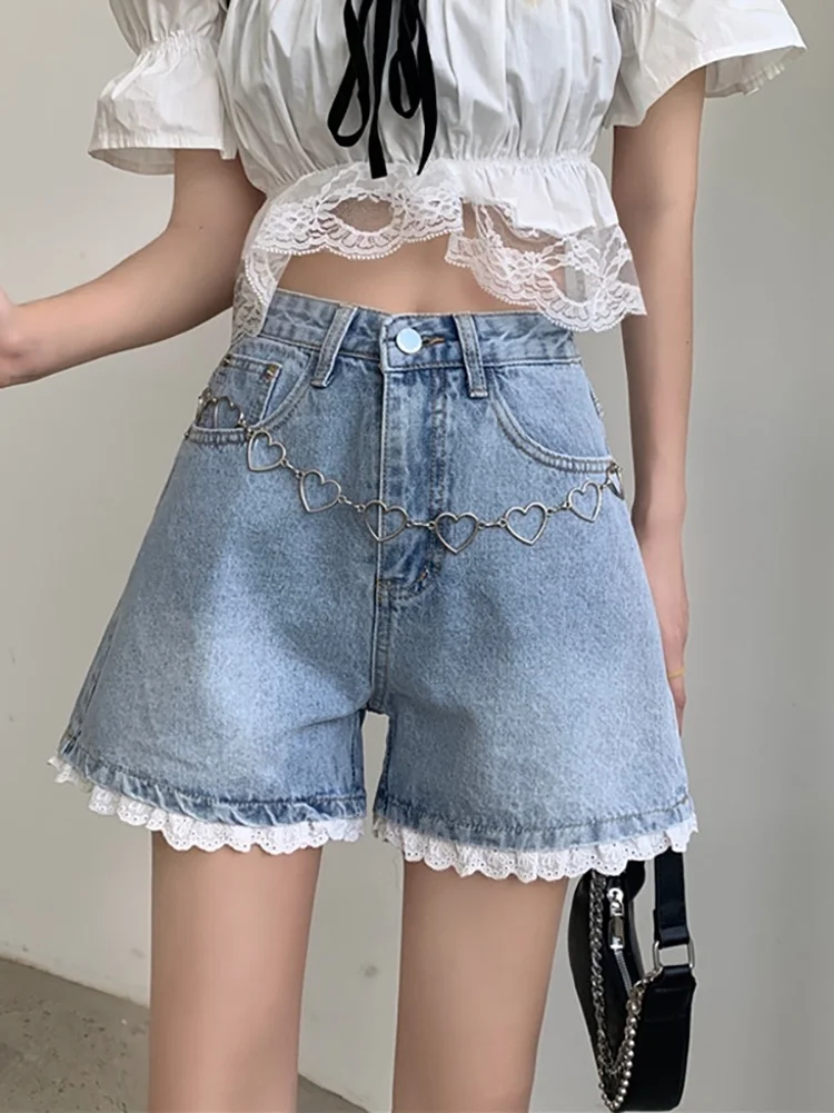 

Shorts Jeans Summer 2021 New High Waist Jeans Women Thin Lace Wide Leg Pants Design Sense Jeans Woman Pants Women