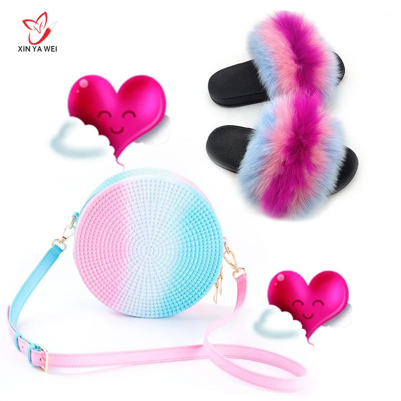 Женские домашние пушистые тапочки Обувь на лисьем меху Сандалии и сумки Яркие