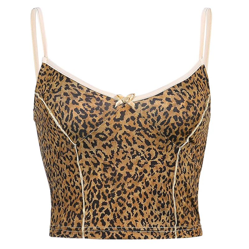 

E Girl Vest Leopard Print Cami Crop Tops Women Y2K Goth Kawaii Clothes Contrast Stitched V Neck Sexy Party Tank Top Tees